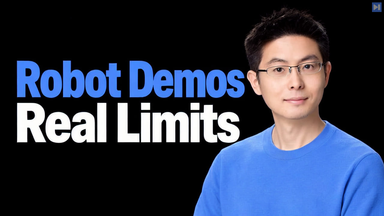 Wang Xingxing beside the blue and white headline Robot Demos Real Limits on a black background.