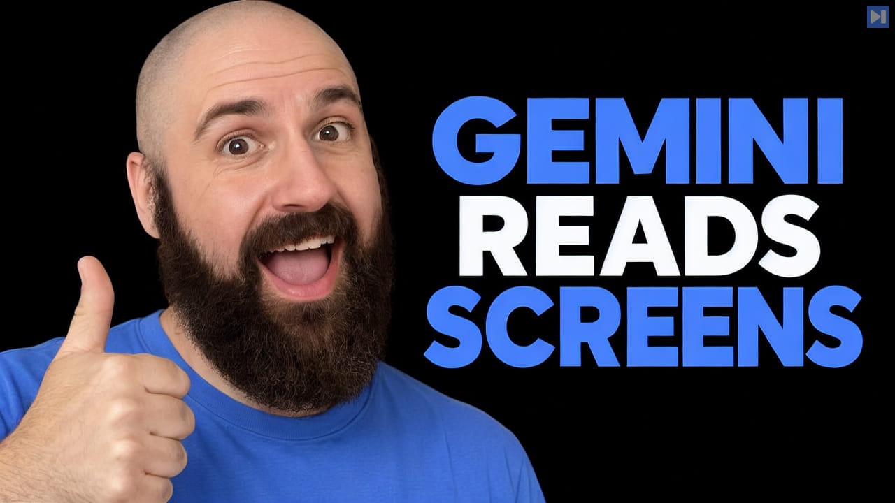 Olivio Sarikas smiles and gives a thumbs-up beside the blue-and-white headline “GEMINI READS SCREENS” on black.