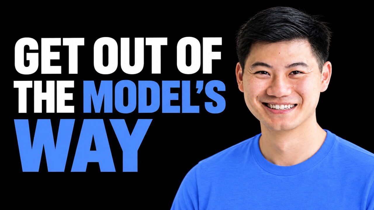 Kevin Hou smiling in a blue top on the right beside the white and blue headline GET OUT OF THE MODEL'S WAY on a black background.