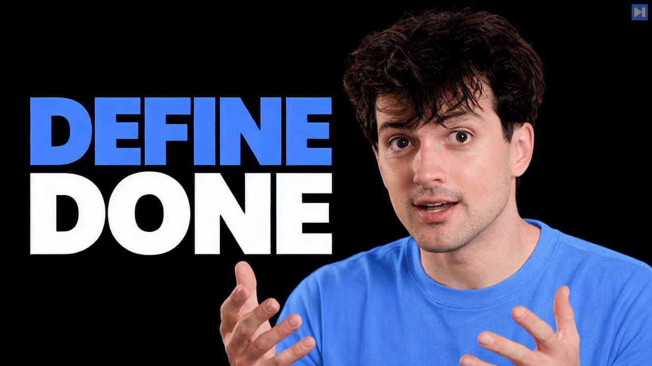 Theo Browne in a blue top gestures with both hands beside the blue-and-white headline “DEFINE DONE” on black.