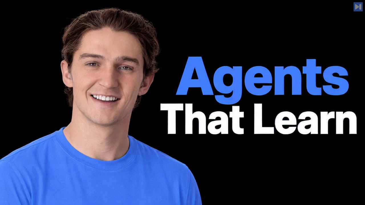 Jake Broekhuizen in a plain blue T-shirt on black beside the blue and white headline “Agents That Learn”.
