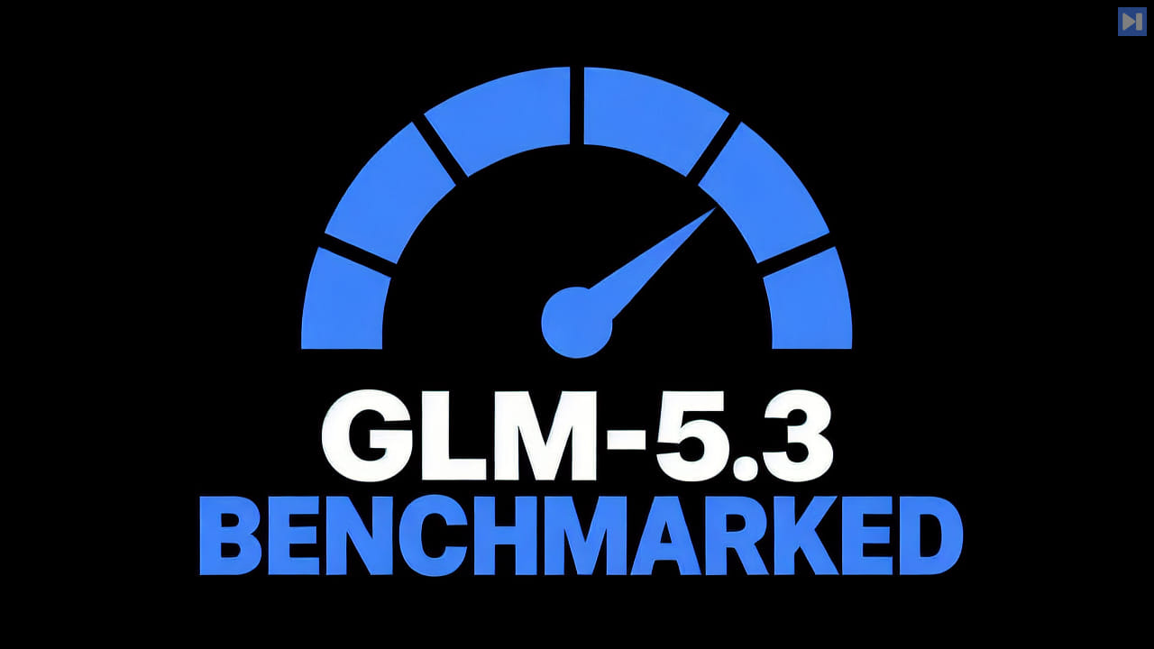 A flat attention-blue benchmark gauge beside the headline GLM-5.3 Benchmarked on a black background.