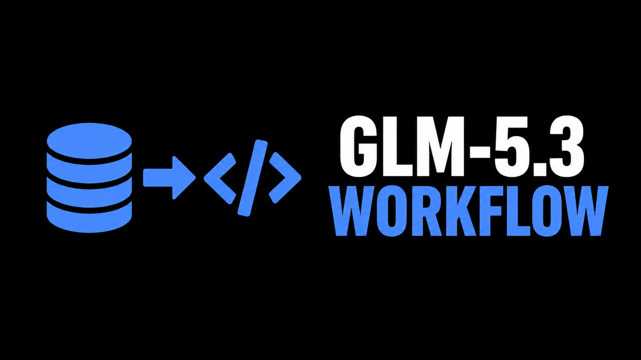 A flat attention-blue cache-to-code arrow on a black background beside the headline ‘GLM-5.3 WORKFLOW’.
