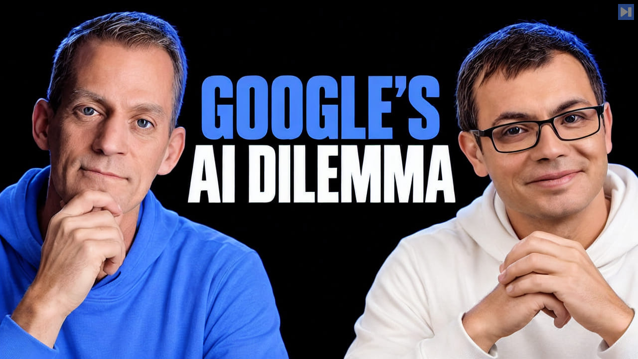 Jeff Dean in a light attention-blue top and Demis Hassabis in an off-white top on a black background beside the headline “GOOGLE'S AI DILEMMA”.