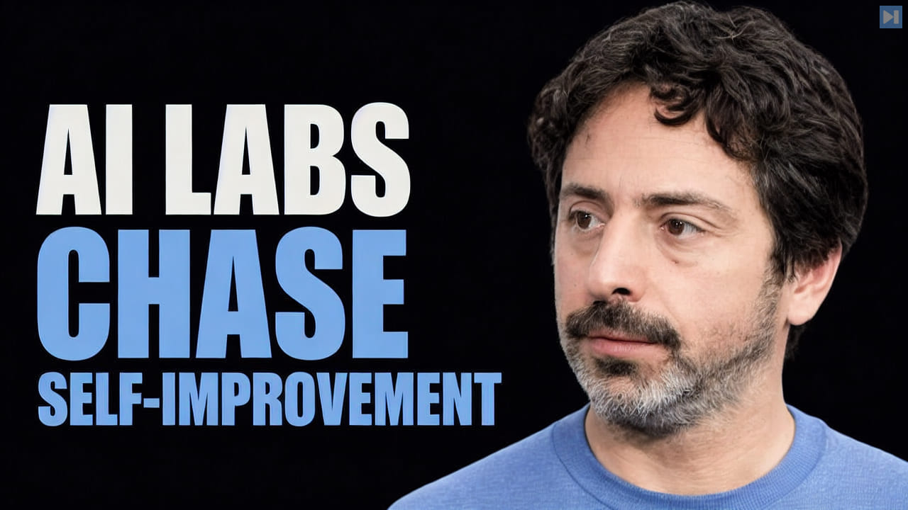 Portrait of Sergey Brin beside the words AI Labs Chase Self-Improvement