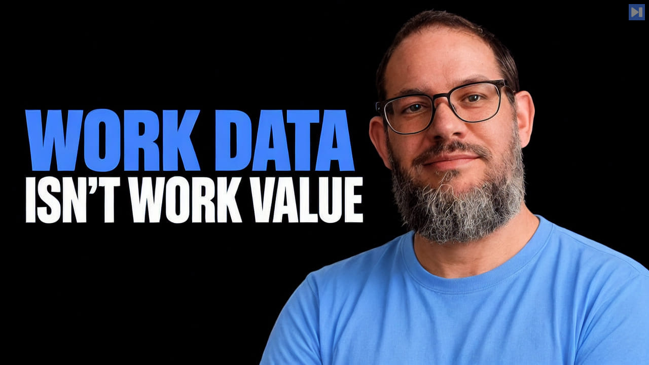Nate B Jones in a blue shirt beside the blue and white headline Work Data Isn't Work Value on black.