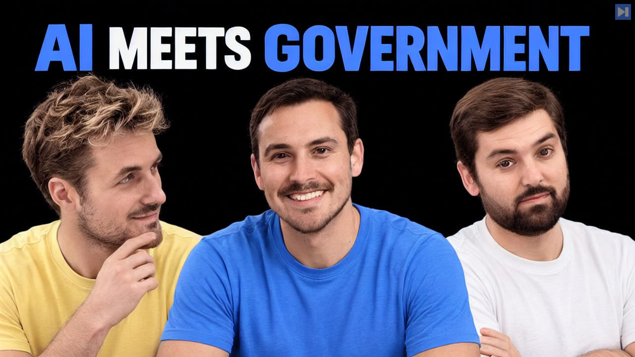 Pierce Freeman, Richard Diehl Martinez, Harrison MacRae against black with the blue and white headline "AI MEETS GOVERNMENT".