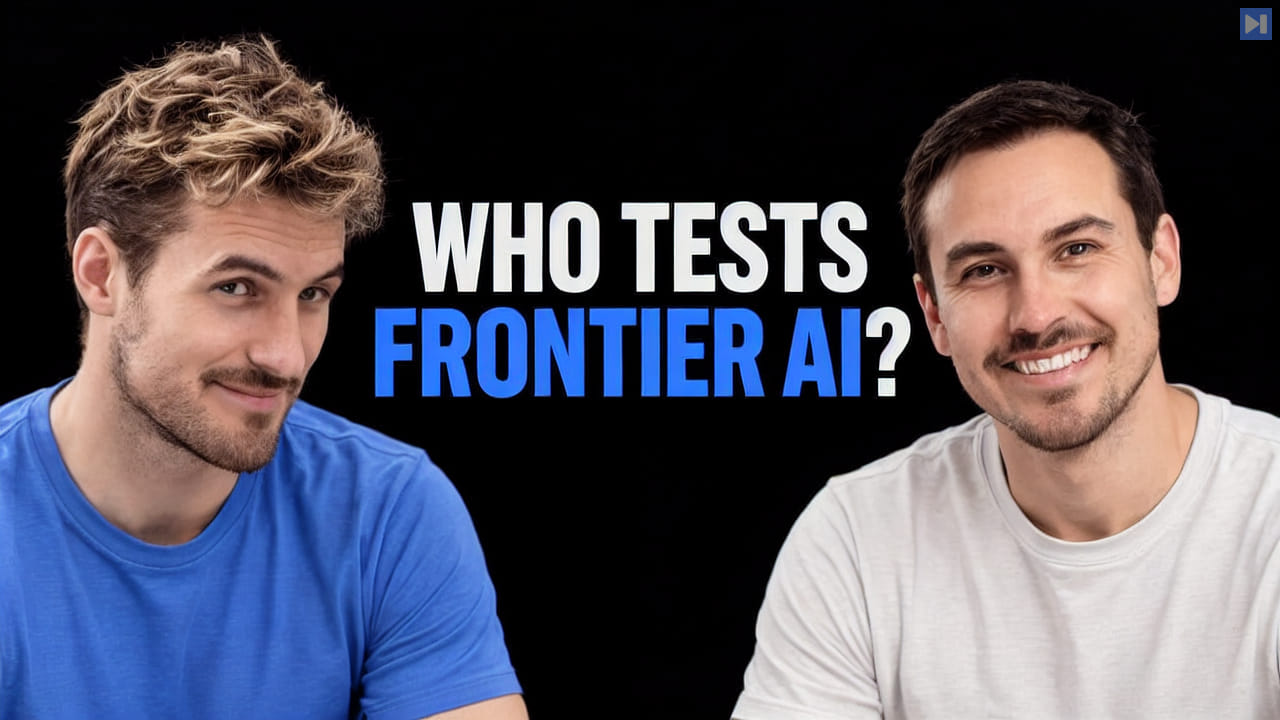 Pierce Freeman and Richard Diehl Martinez in blue and white tops against black, alongside the blue and white headline "WHO TESTS FRONTIER AI?".