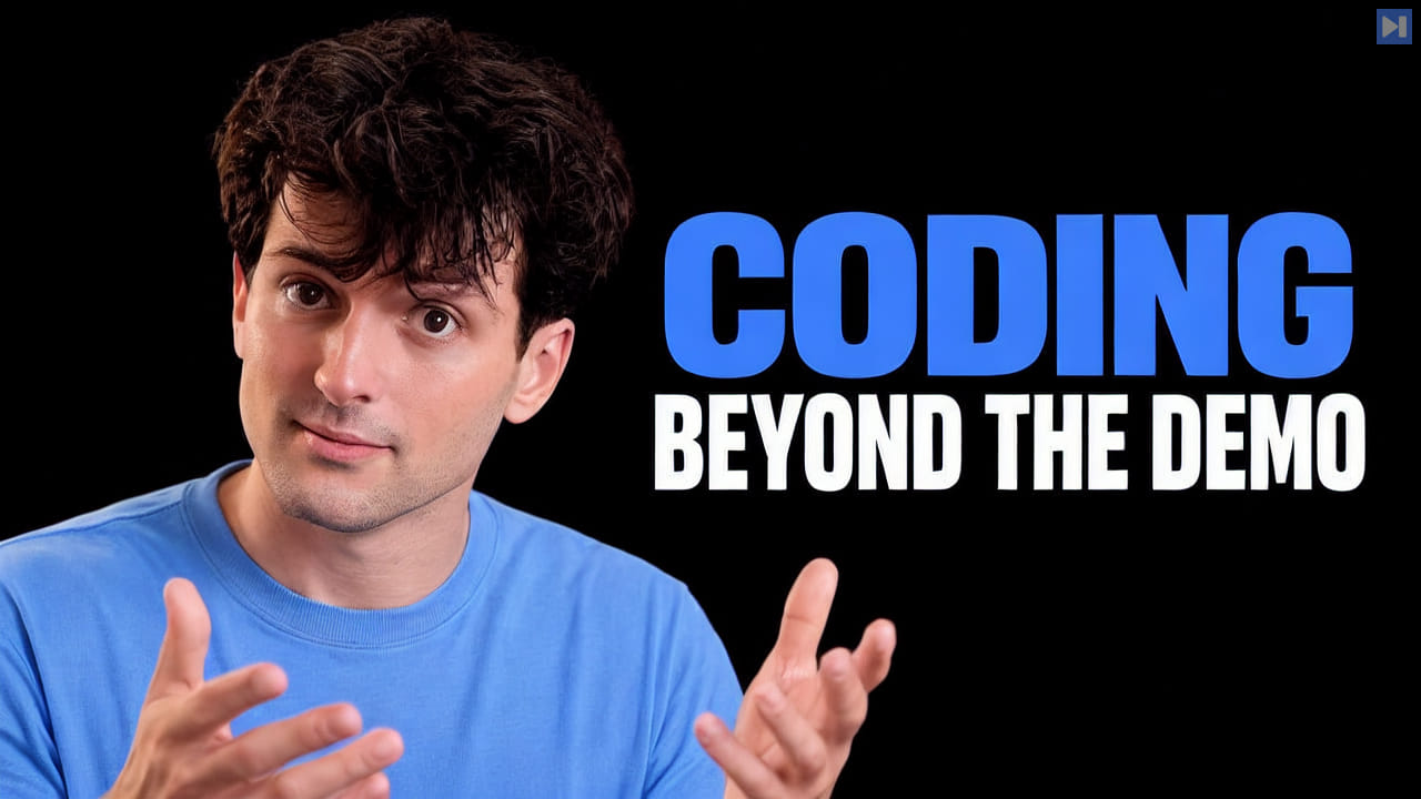 Theo Browne gestures with both bare hands beside the blue and white headline CODING BEYOND THE DEMO on a black background.