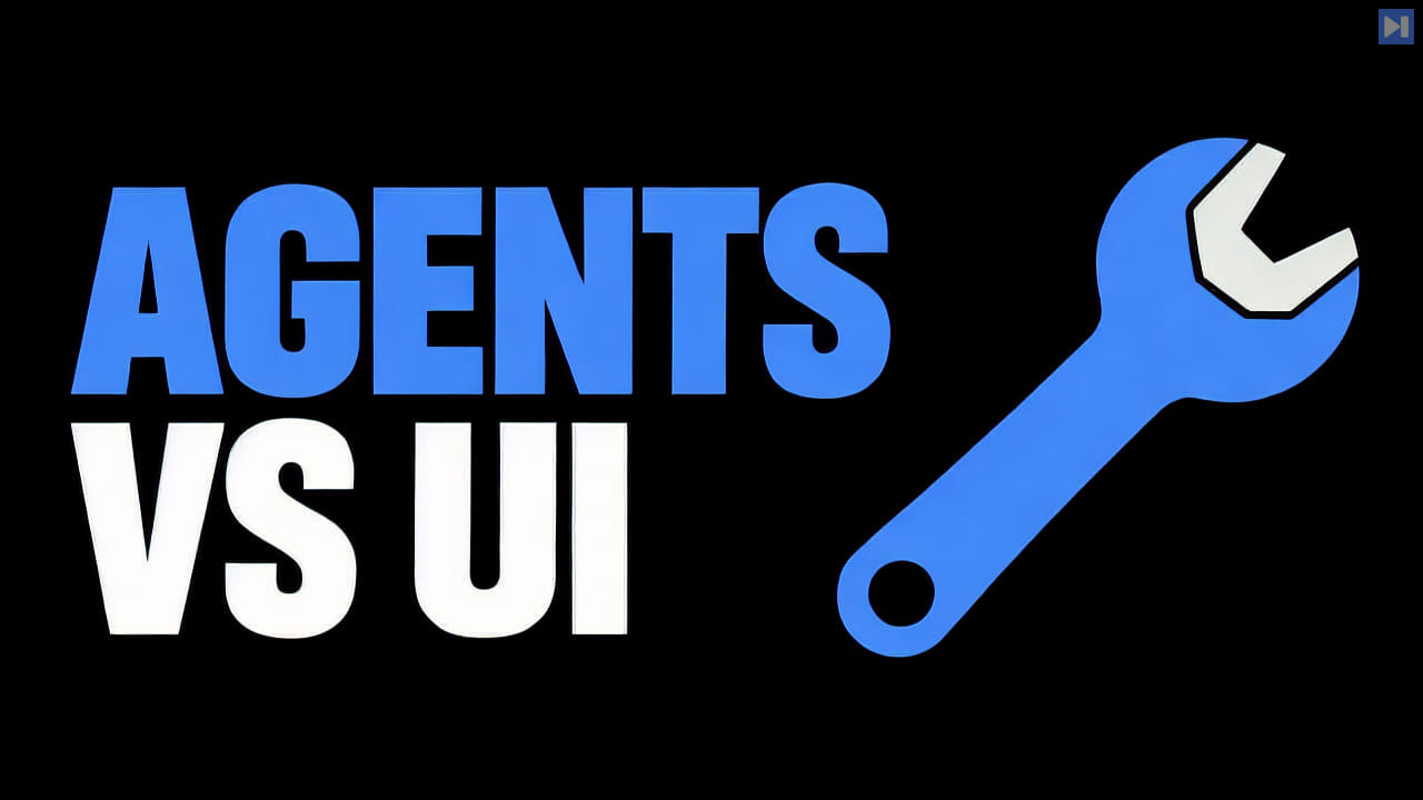 One flat blue wrench with an off-white open end on the right beside the blue and white headline AGENTS VS UI against black.