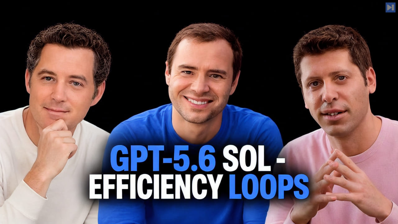 Matthew Berman in white, Andrej Karpathy in blue and Sam Altman in pink above the blue and white headline GPT-5.6 SOL - EFFICIENCY LOOPS on black.