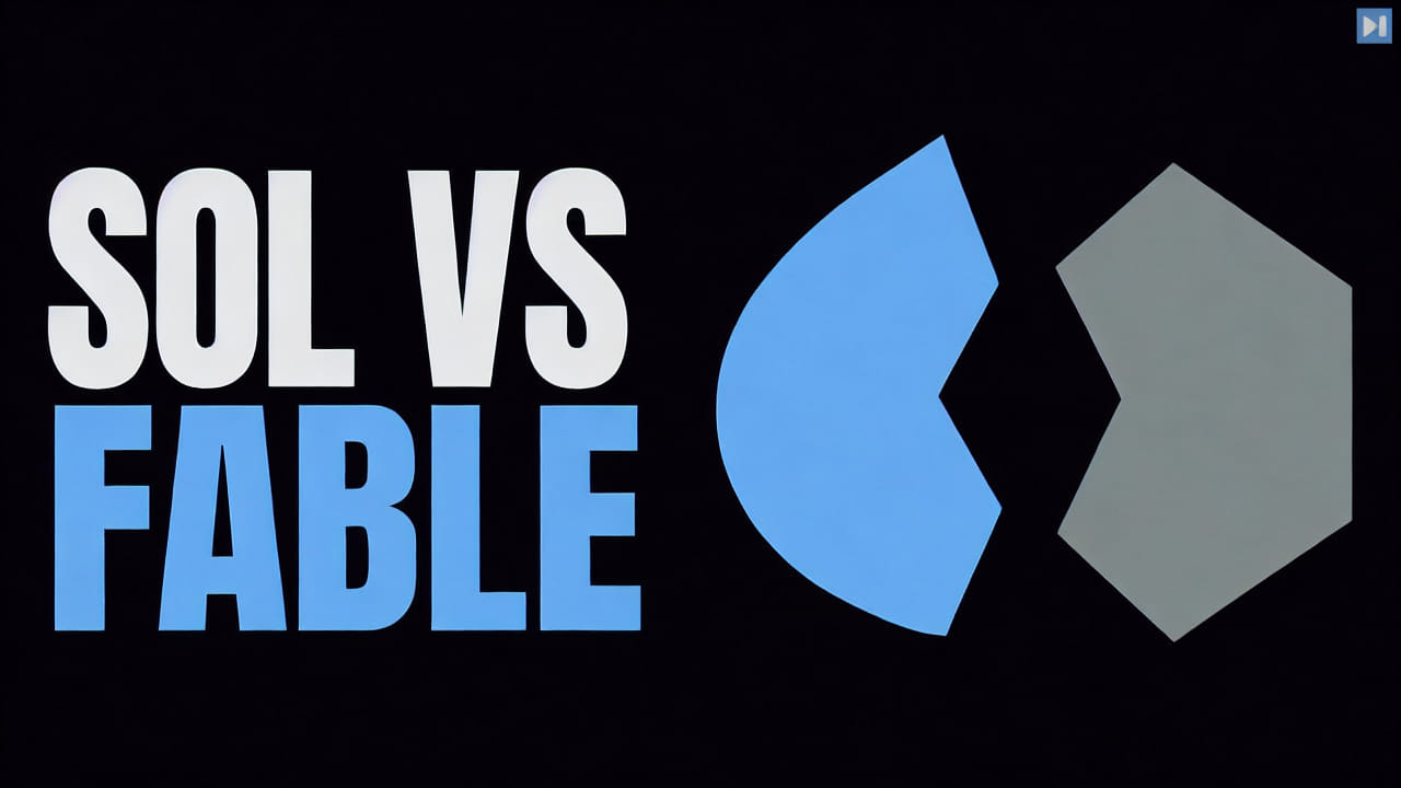 Two flat geometric tiles facing each other beside the words Sol vs Fable