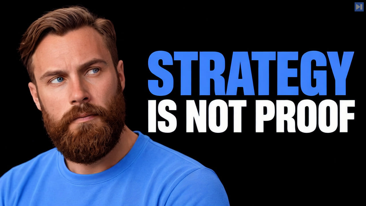 Kristian Fagerlie in a blue top at left beside the blue and white headline STRATEGY IS NOT PROOF on a black background.