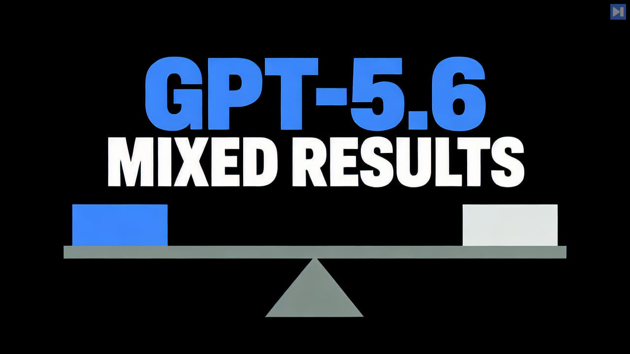 Blue GPT-5.6 and white MIXED RESULTS headline above a flat balance beam with blue and pale blocks on a black background.