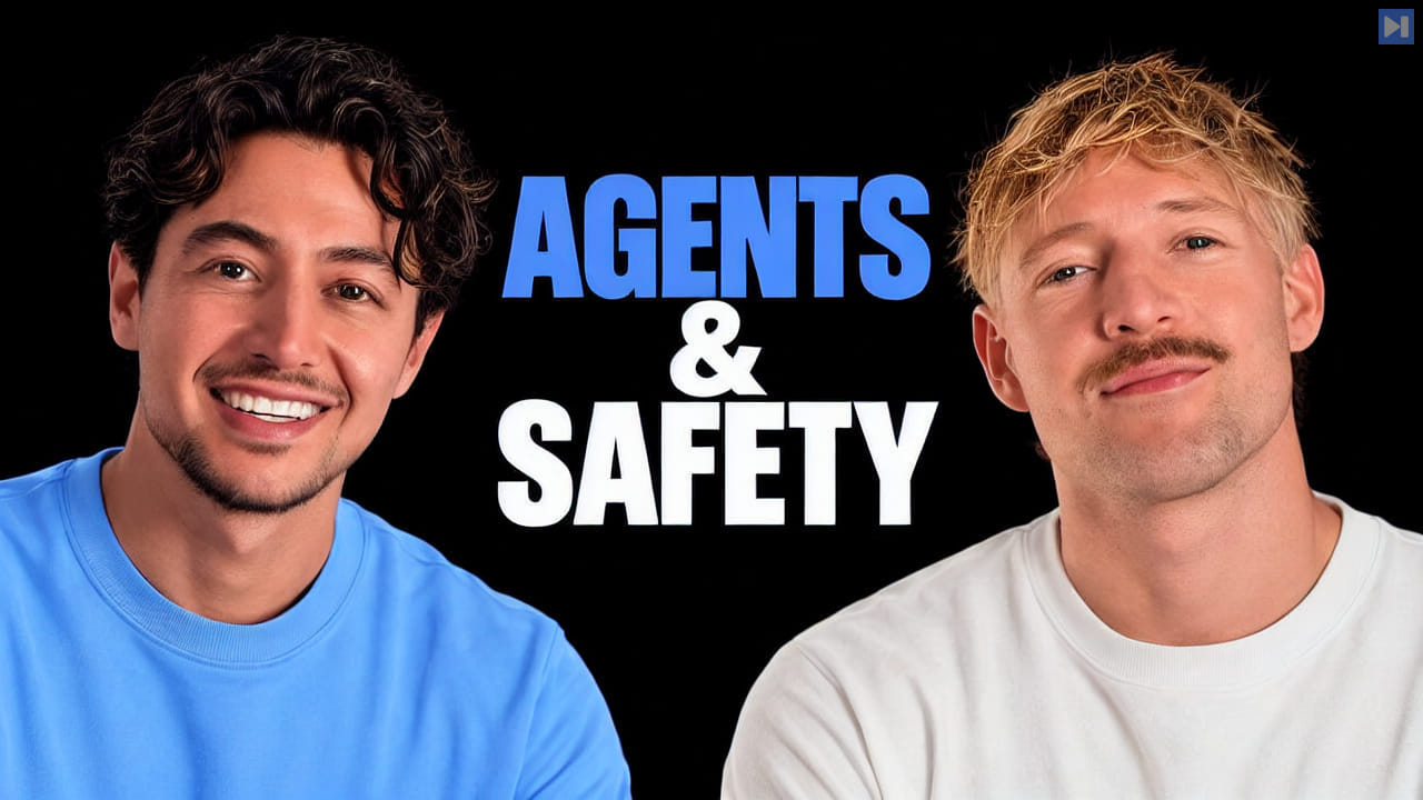 Nick Saraev in blue and Jack Roberts in white flank the blue-and-white headline “AGENTS & SAFETY” on black.