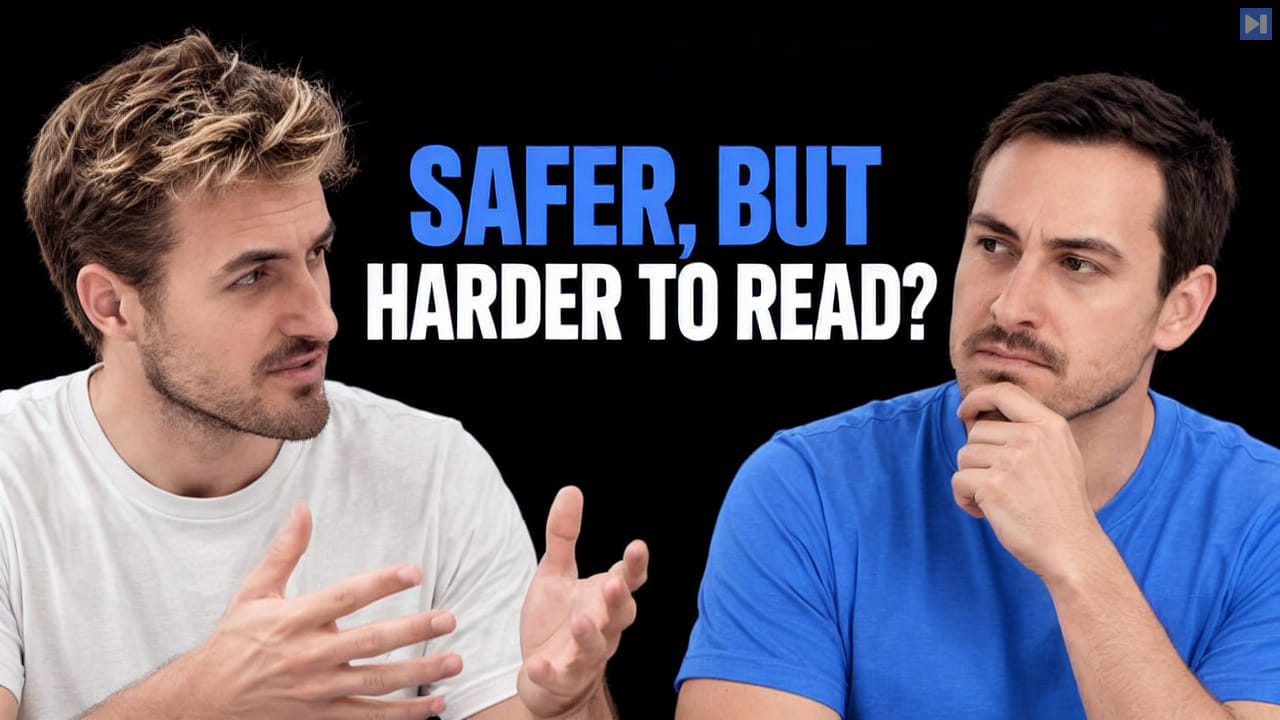 Pierce Freeman in off-white gestures beside Richard Diehl Martinez in blue touching his chin, against black beneath the blue and white headline 'SAFER, BUT HARDER TO READ?'.