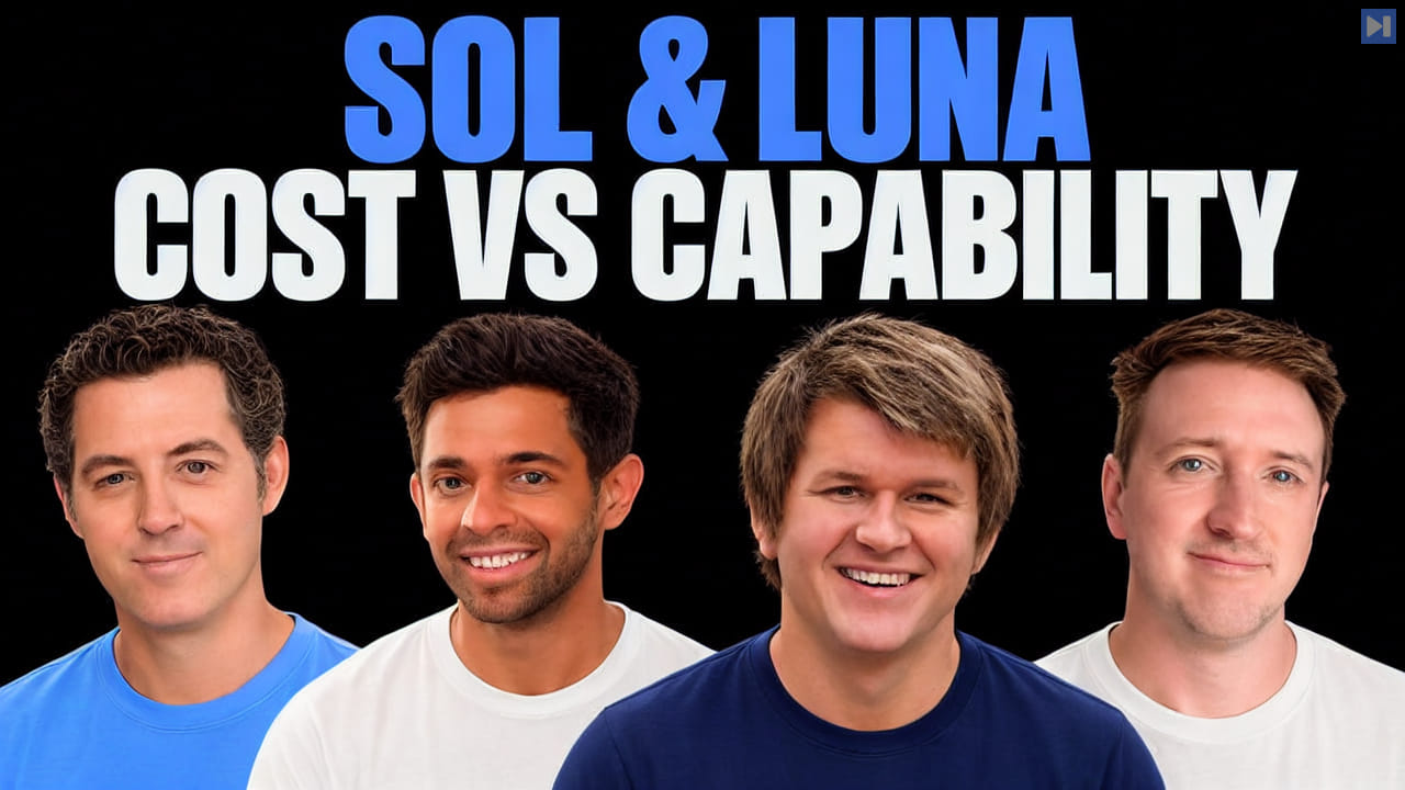 Matthew Berman, Thariq Shihipar, Alex and Future Brian beneath blue “SOL & LUNA” and white “COST VS CAPABILITY” on black.