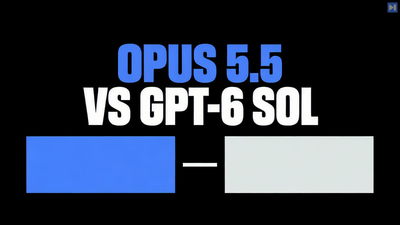 Blue and off-white comparison rectangles on black beneath the blue and white headline “OPUS 5.5 / VS GPT-6 SOL”.
