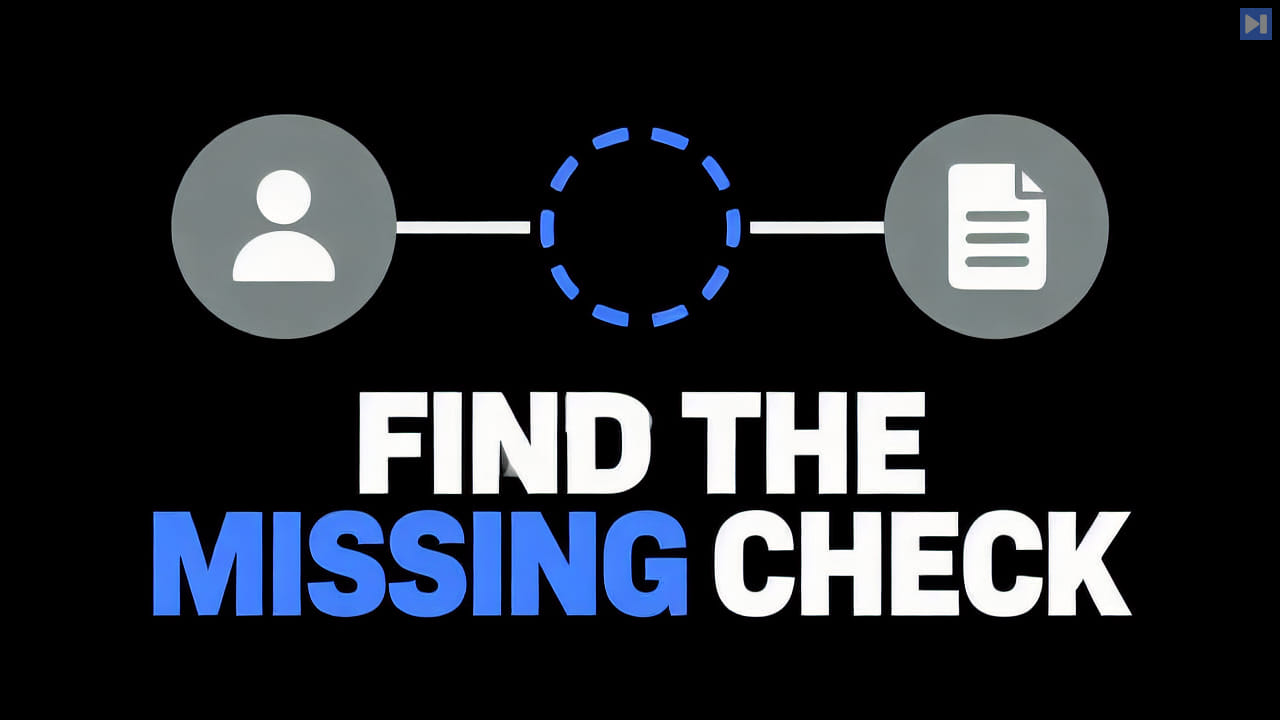 Blue and white “FIND THE MISSING CHECK” headline beneath a broken link between person and document glyphs on black.