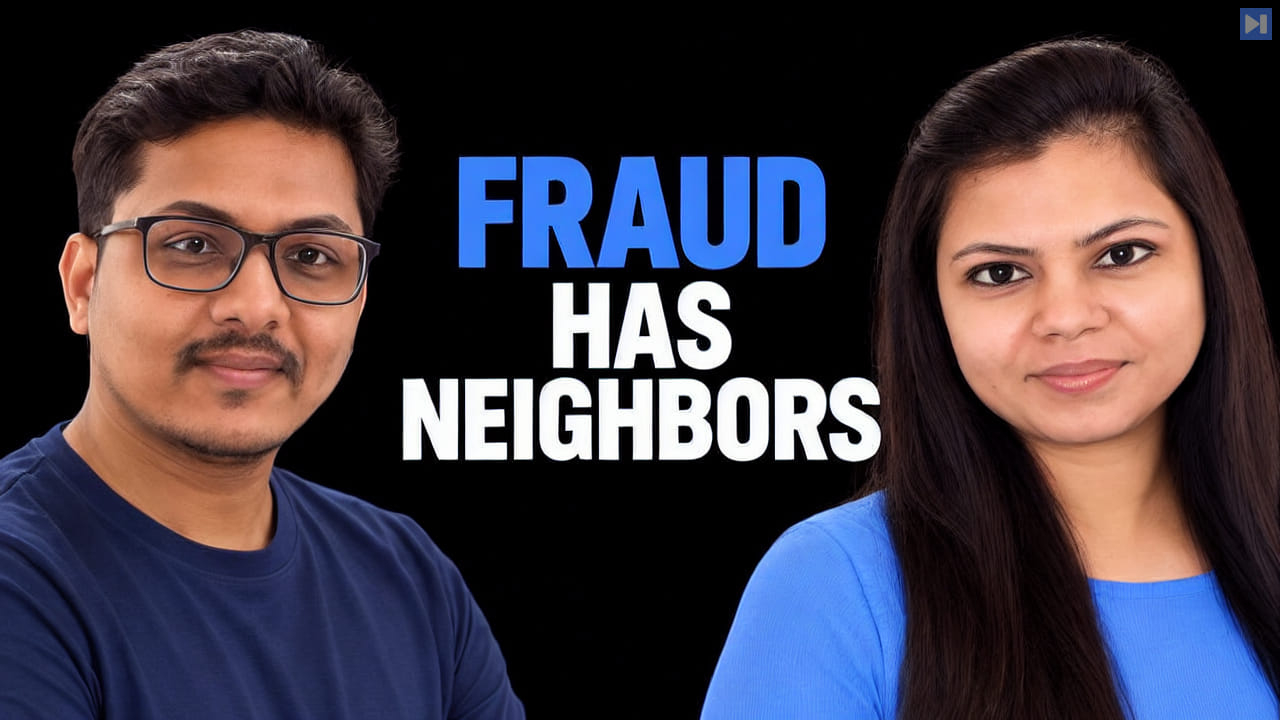 Somya Rai and MD Sharique on either side of the blue-and-white headline “FRAUD HAS NEIGHBORS” against a black background.