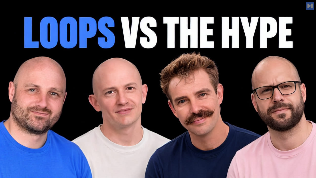 Geoffrey Huntley, Greg Pstrucha, Dex Horthy, Ian Livingstone against a black background beside the blue and white headline "LOOPS VS THE HYPE".