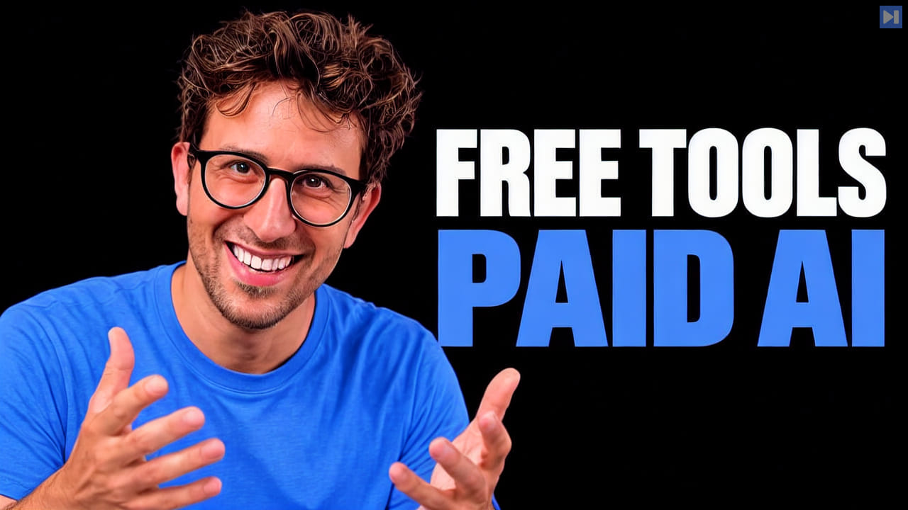 Greg Isenberg gestures beside the blue and white headline FREE TOOLS PAID AI on a black background.