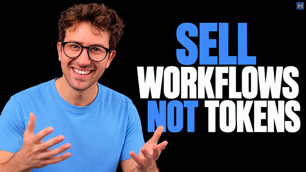 Greg Isenberg smiling in a blue top with open hands beside the blue and white headline 'SELL WORKFLOWS NOT TOKENS' on black.