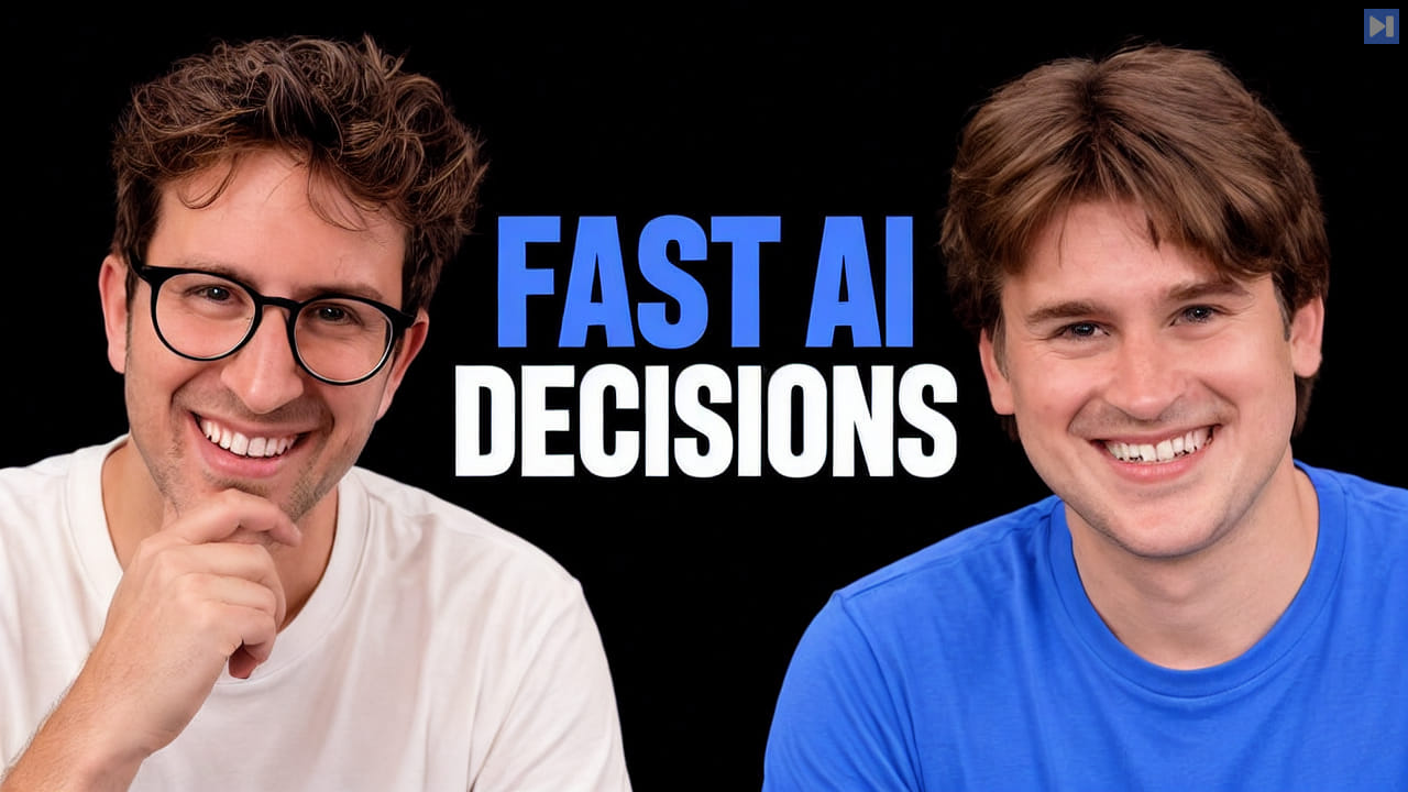Greg Isenberg in off-white and Ryan Vogel in blue beside the blue and white headline Fast AI Decisions on black.
