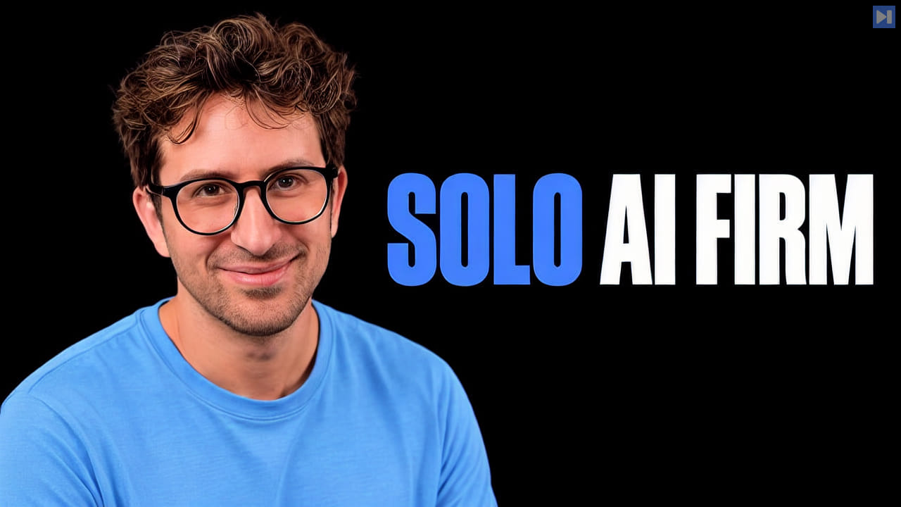 Greg Isenberg wearing glasses and a blue shirt beside the blue-and-white headline “SOLO AI FIRM” on a black background.