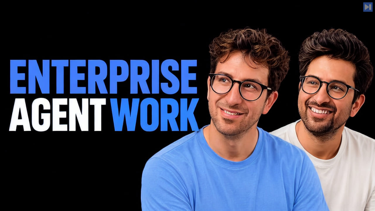 Greg Isenberg, Vasuman Moza beside the blue and white headline ENTERPRISE AGENT WORK on a black background.
