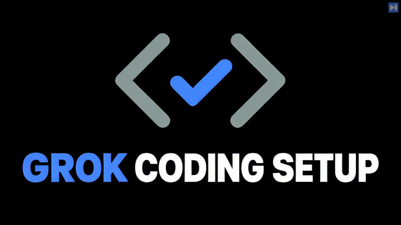 Flat editorial concept with the blue and white headline GROK CODING SETUP on a black background.