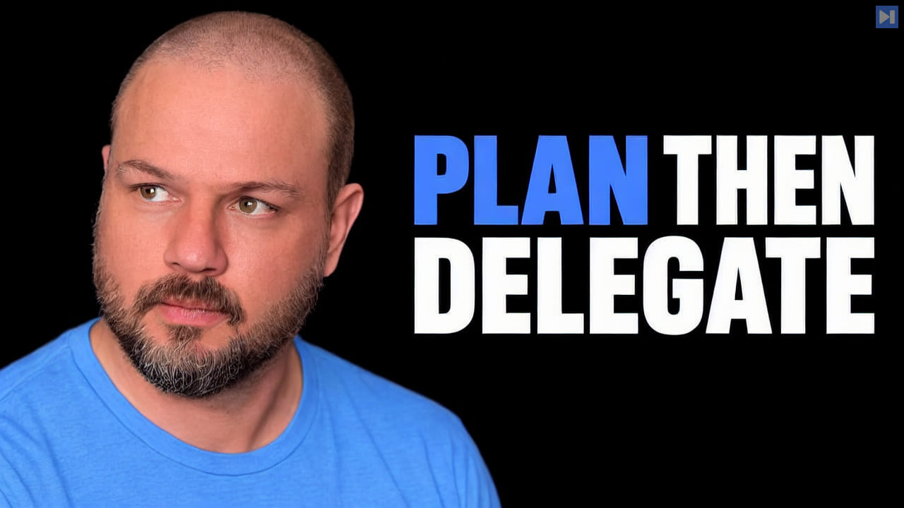 Wes Roth in a blue top beside the blue-and-white headline “PLAN THEN DELEGATE” against a black background.