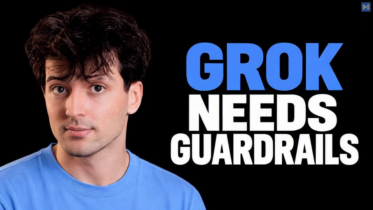 Theo Browne in a blue top beside the blue-and-white headline “GROK NEEDS GUARDRAILS” against a black background.