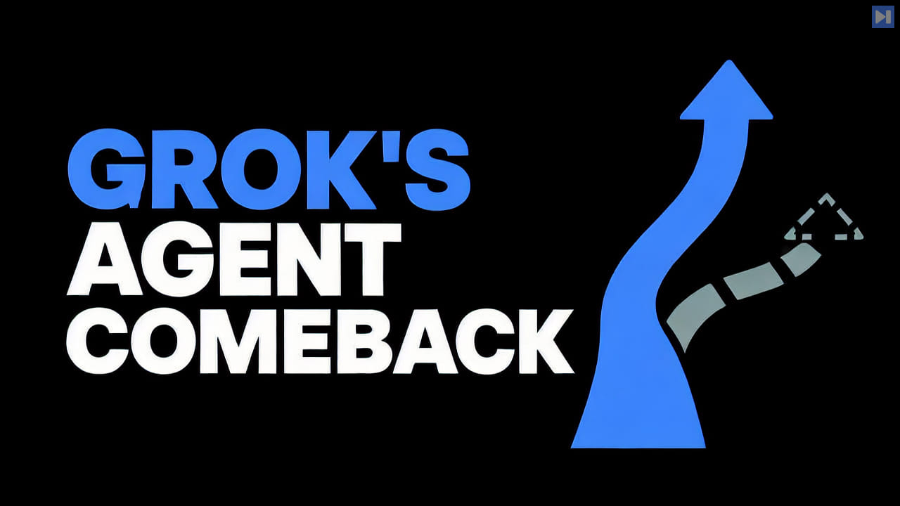 Blue-and-white headline GROK'S AGENT COMEBACK beside a simple flat branching upward arrow on a black background.