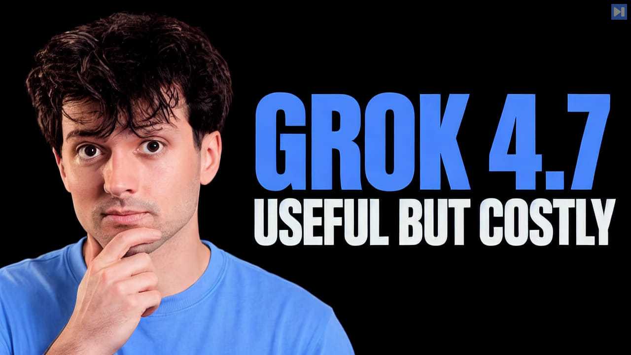 Theo Browne in blue lightly touches his chin beside blue “GROK 4.7” and white “USEFUL BUT COSTLY” on black.