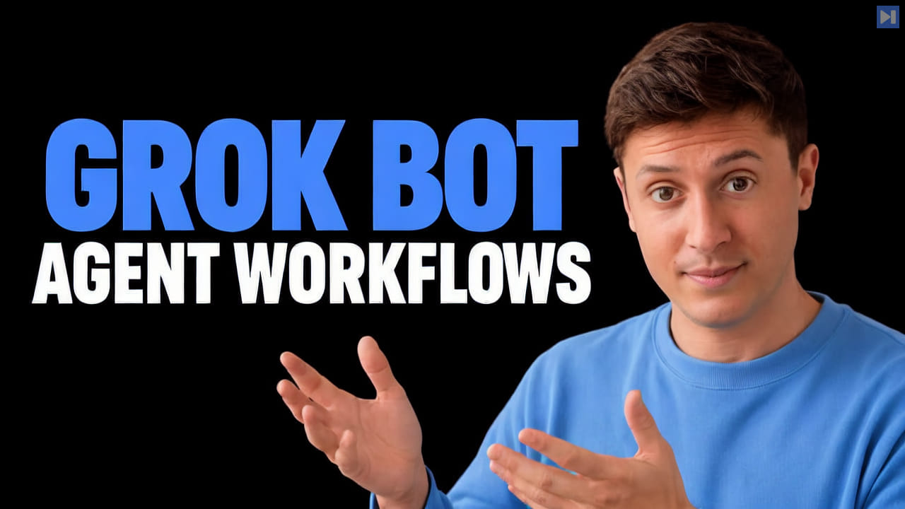 Alex Finn beside the blue-and-white headline “GROK BOT AGENT WORKFLOWS” on a black background.