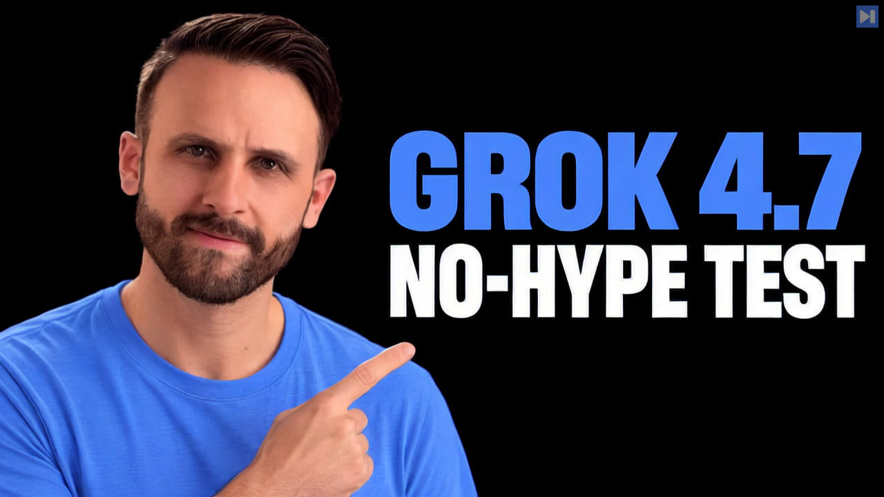 Pat Simmons beside the blue-and-white headline “GROK 4.7 NO-HYPE TEST” on a black background.