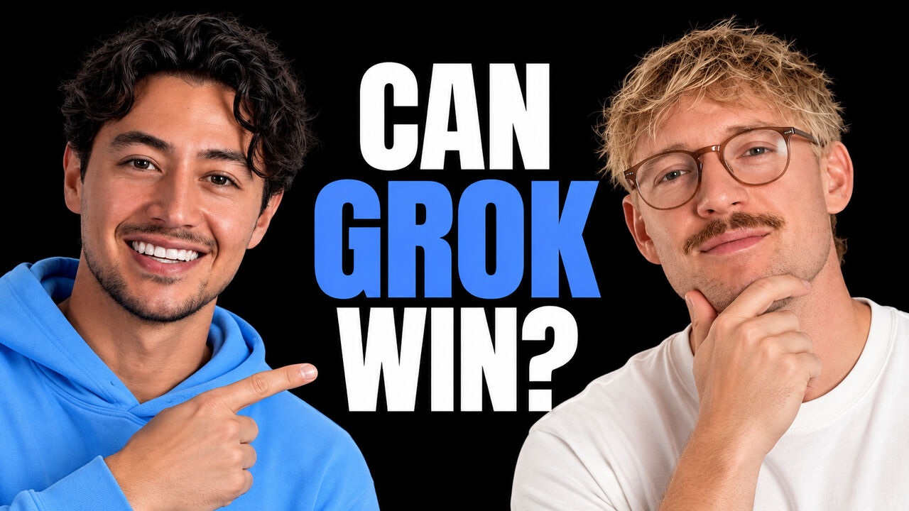 Nick Saraev in a light attention-blue top and Jack Roberts in an off-white top on a black background beside the headline “CAN GROK WIN?”.