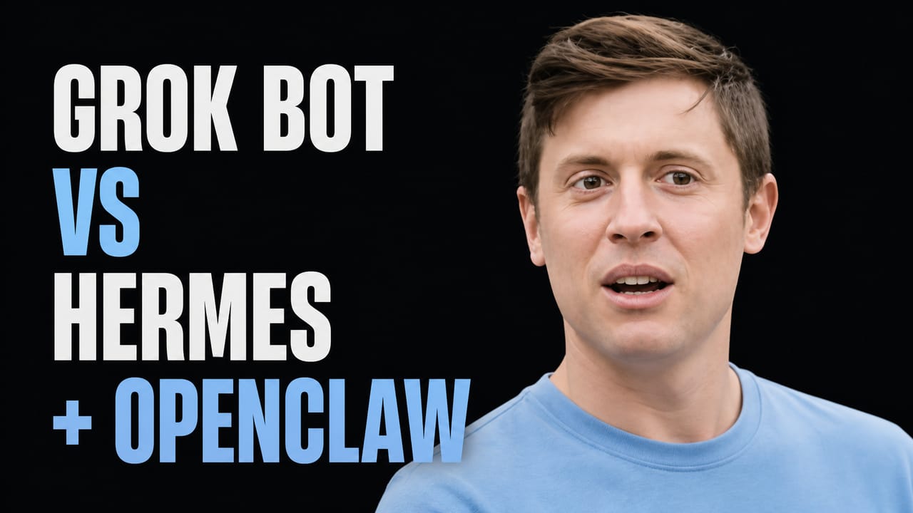 Portrait of Alex Finn beside the words Grok Bot vs Hermes and OpenClaw