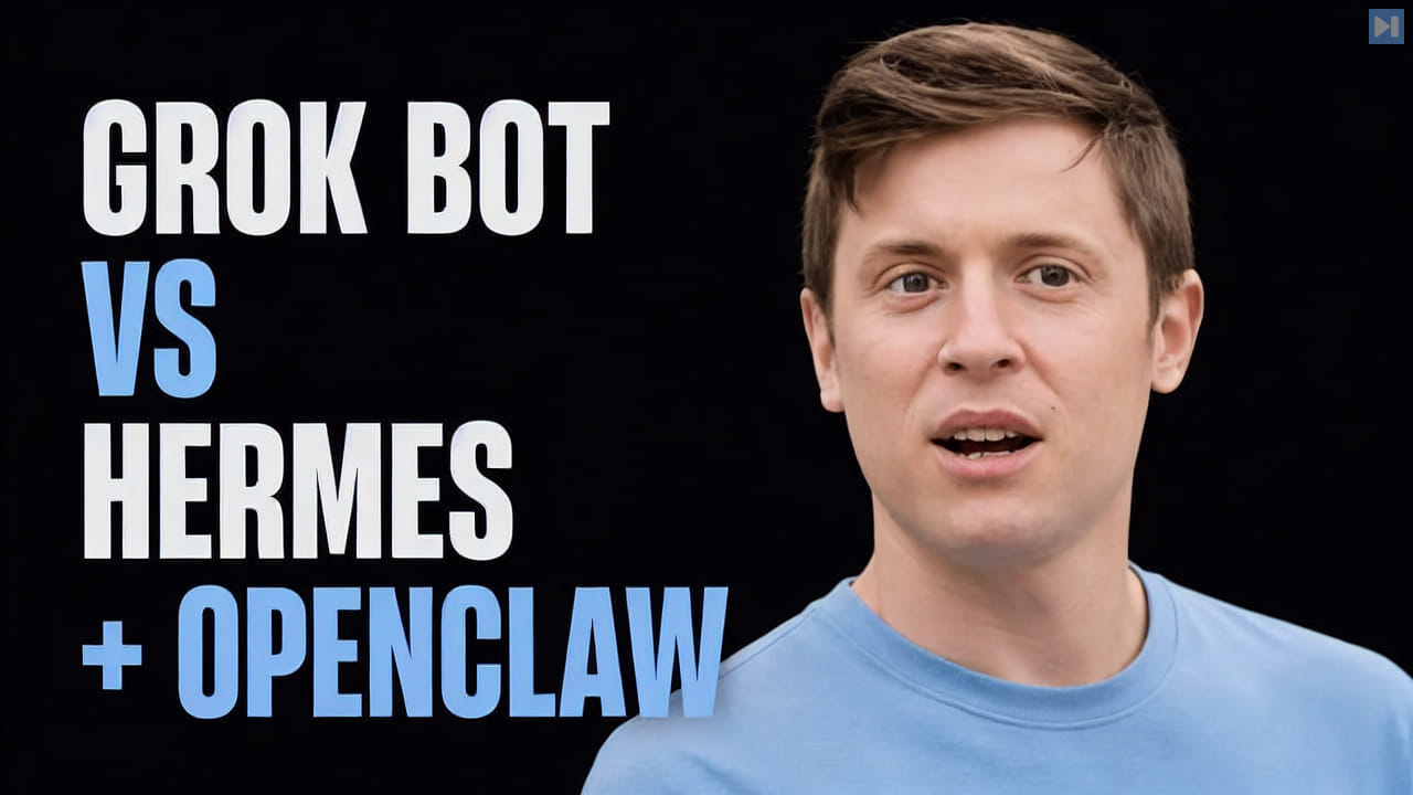 Portrait of Alex Finn beside the words Grok Bot vs Hermes and OpenClaw