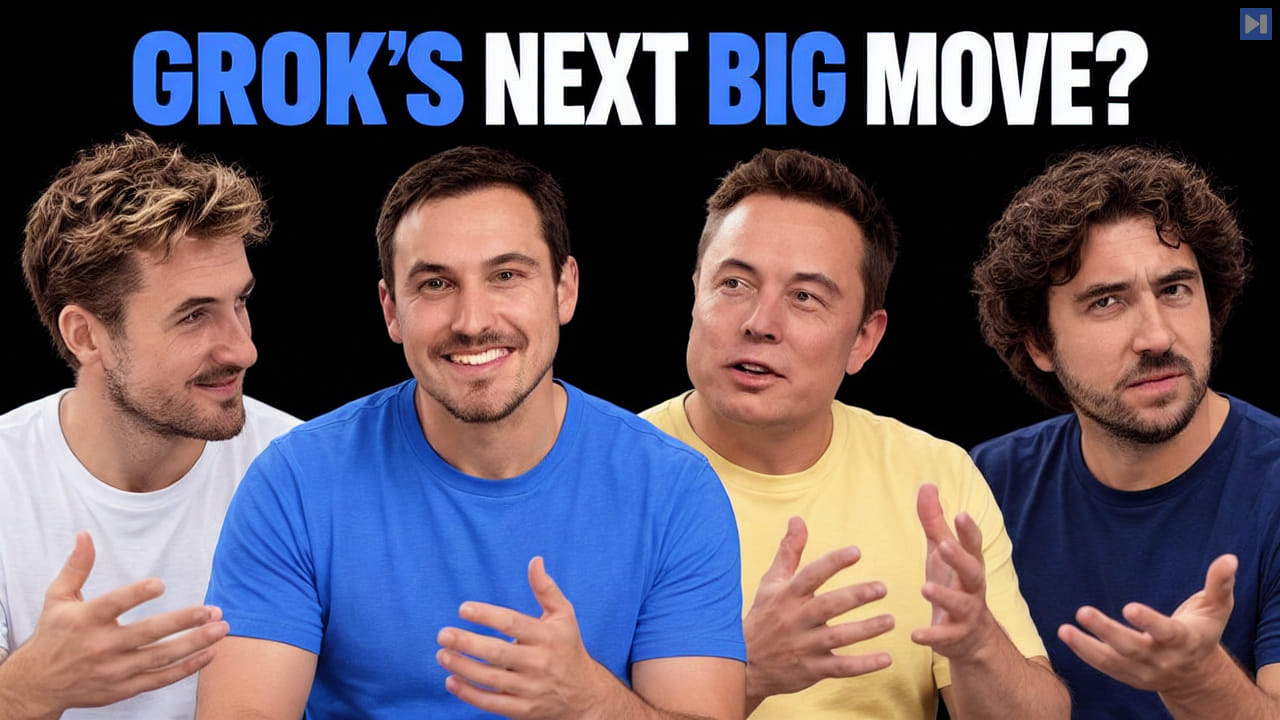Pierce Freeman, Richard Diehl Martinez, Elon Musk, John Gruber against black with the blue and white headline "GROK'S NEXT BIG MOVE?".