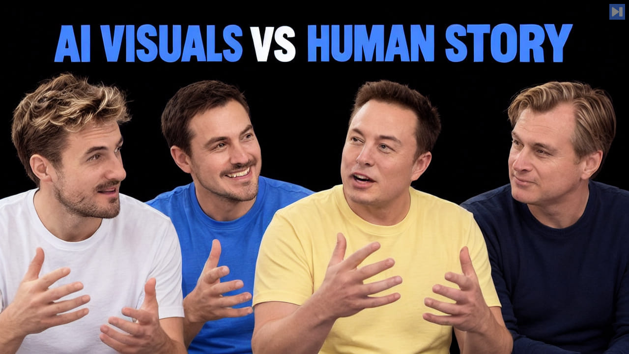 Pierce Freeman, Richard Diehl Martinez, Elon Musk, Christopher Nolan against black with the blue and white headline "AI VISUALS VS HUMAN STORY".