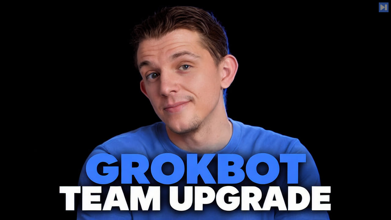 Riley Brown against a black background beside the blue and white headline “GROKBOT TEAM UPGRADE”.