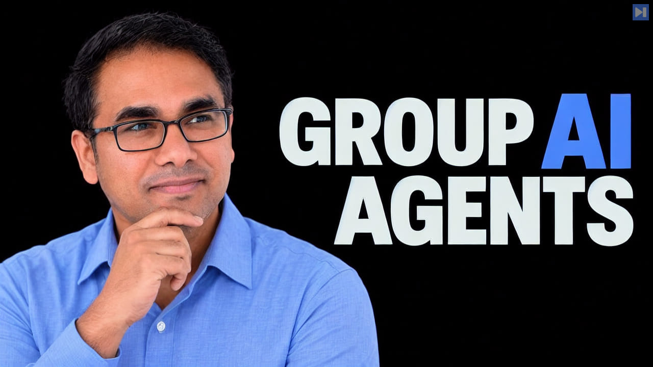 Sai Krishna Rallabandi in glasses and a blue shirt with one hand at his chin beside a GROUP AI AGENTS headline in white and blue on black.