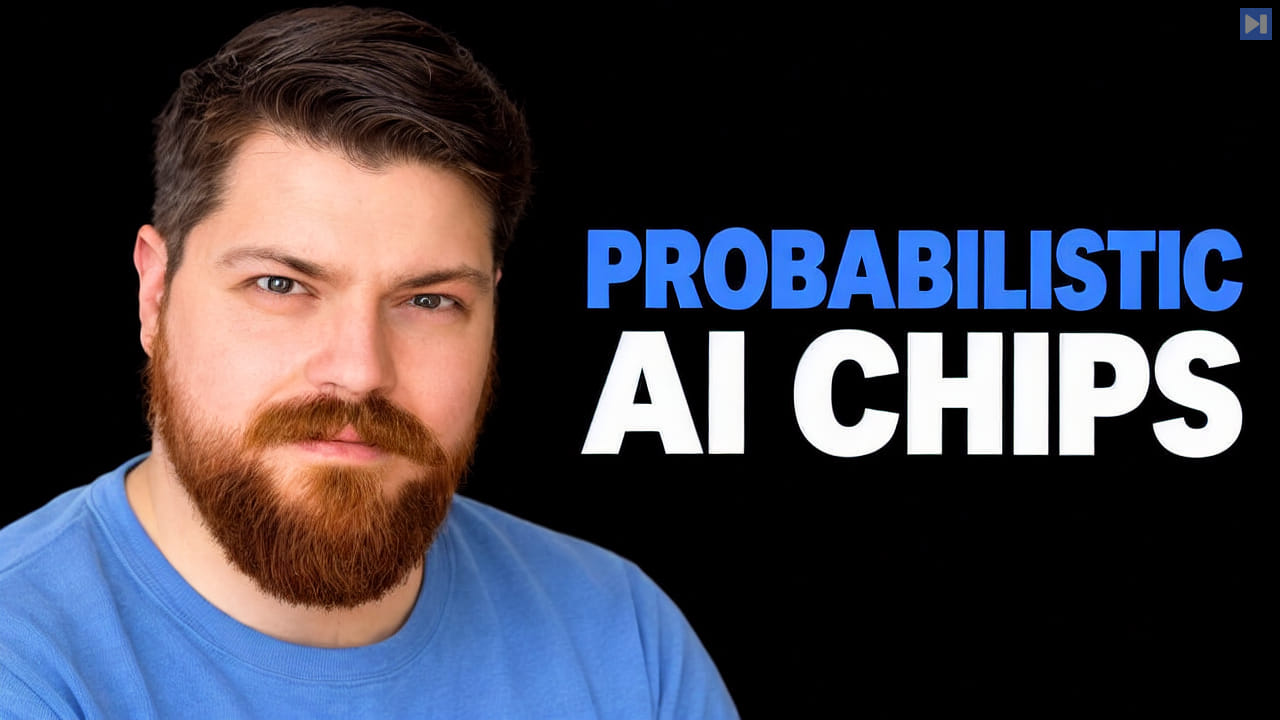Guillaume Verdon with a reddish beard and blue top beside the blue-and-white headline “PROBABILISTIC AI CHIPS” on black.