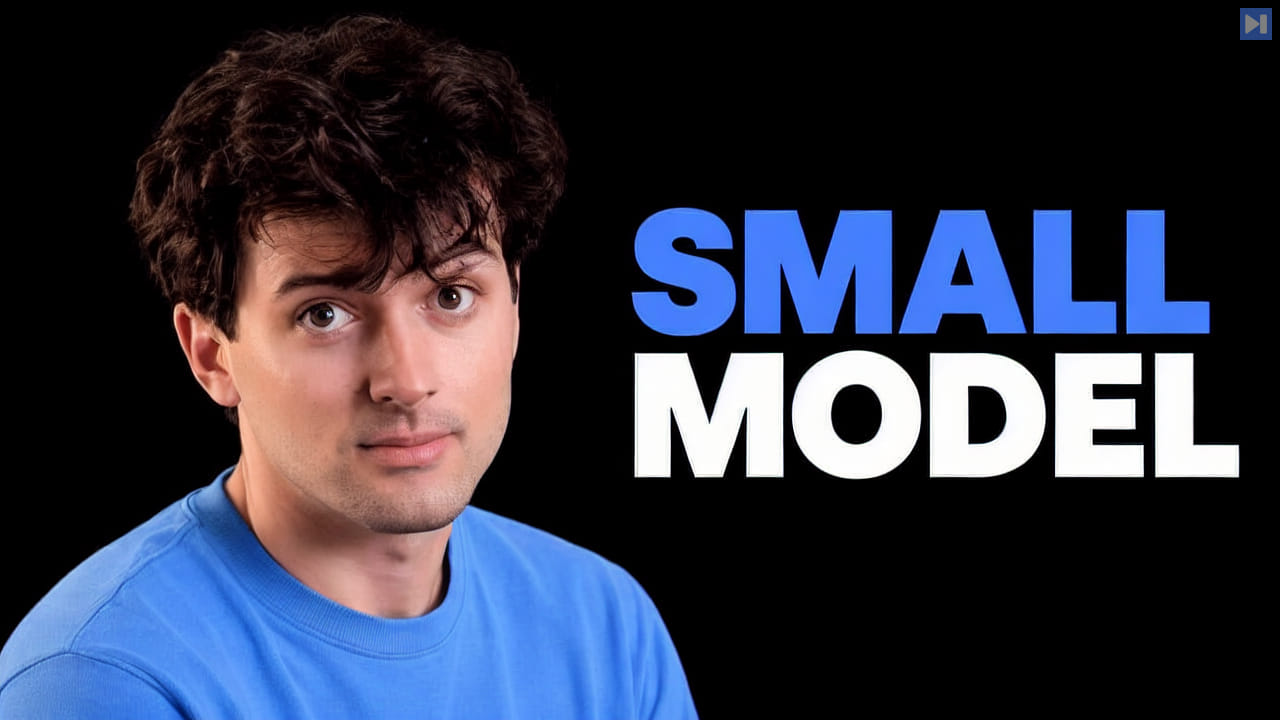 Theo Browne in blue looks toward the viewer beside the blue and white "SMALL MODEL" headline against black.