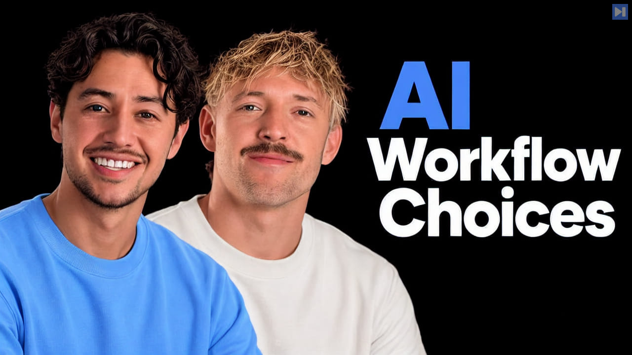 Nick Saraev in a blue T-shirt and Jack Roberts in an off-white T-shirt on black, beside the blue and white headline “AI Workflow Choices”.