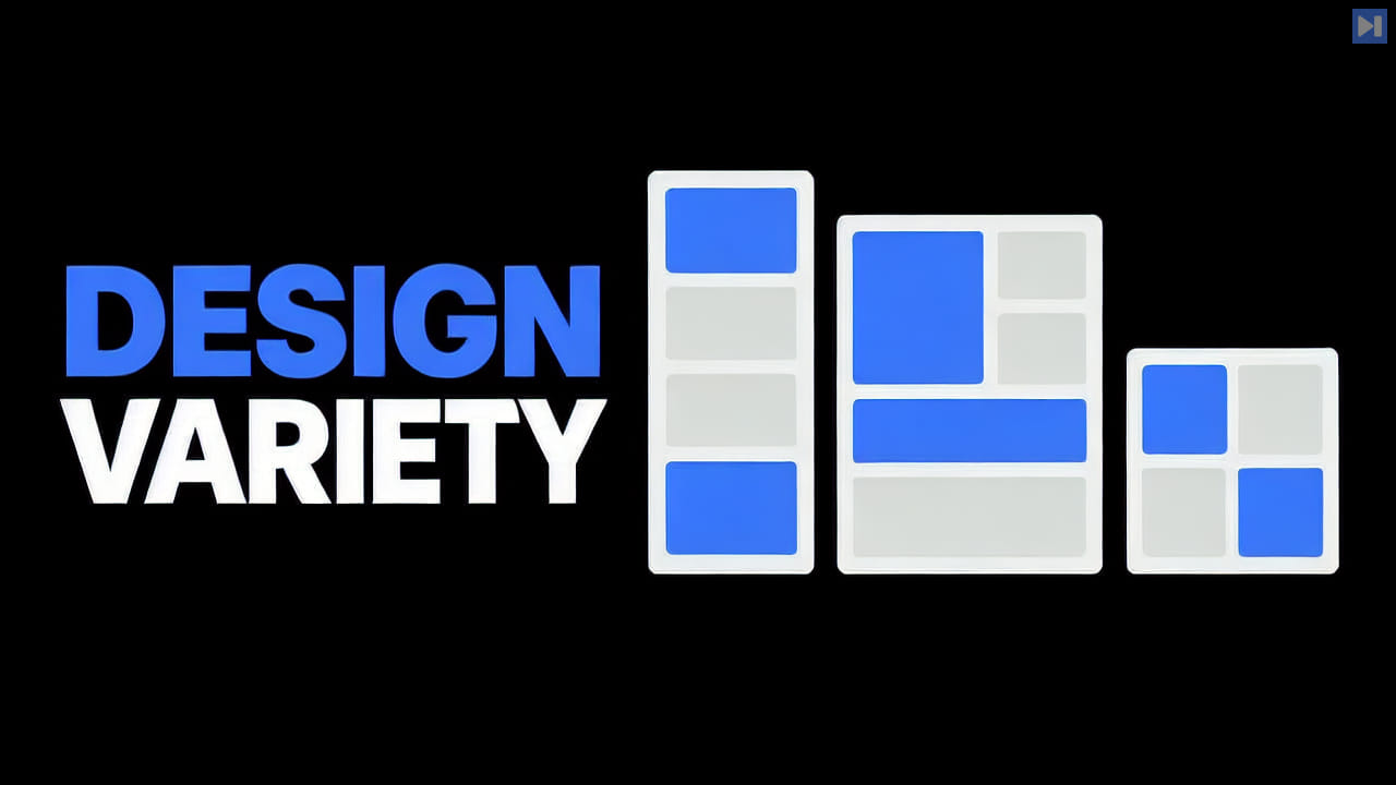 Three flat geometric page layouts against a black background beside the blue-and-white headline "DESIGN VARIETY".