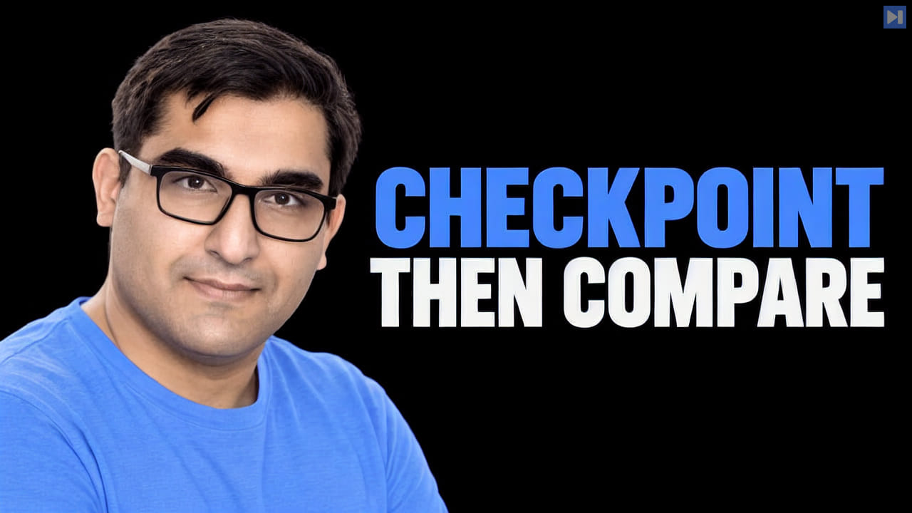 Hamza Tahir is shown beside the blue-and-white headline CHECKPOINT THEN COMPARE on a black background.