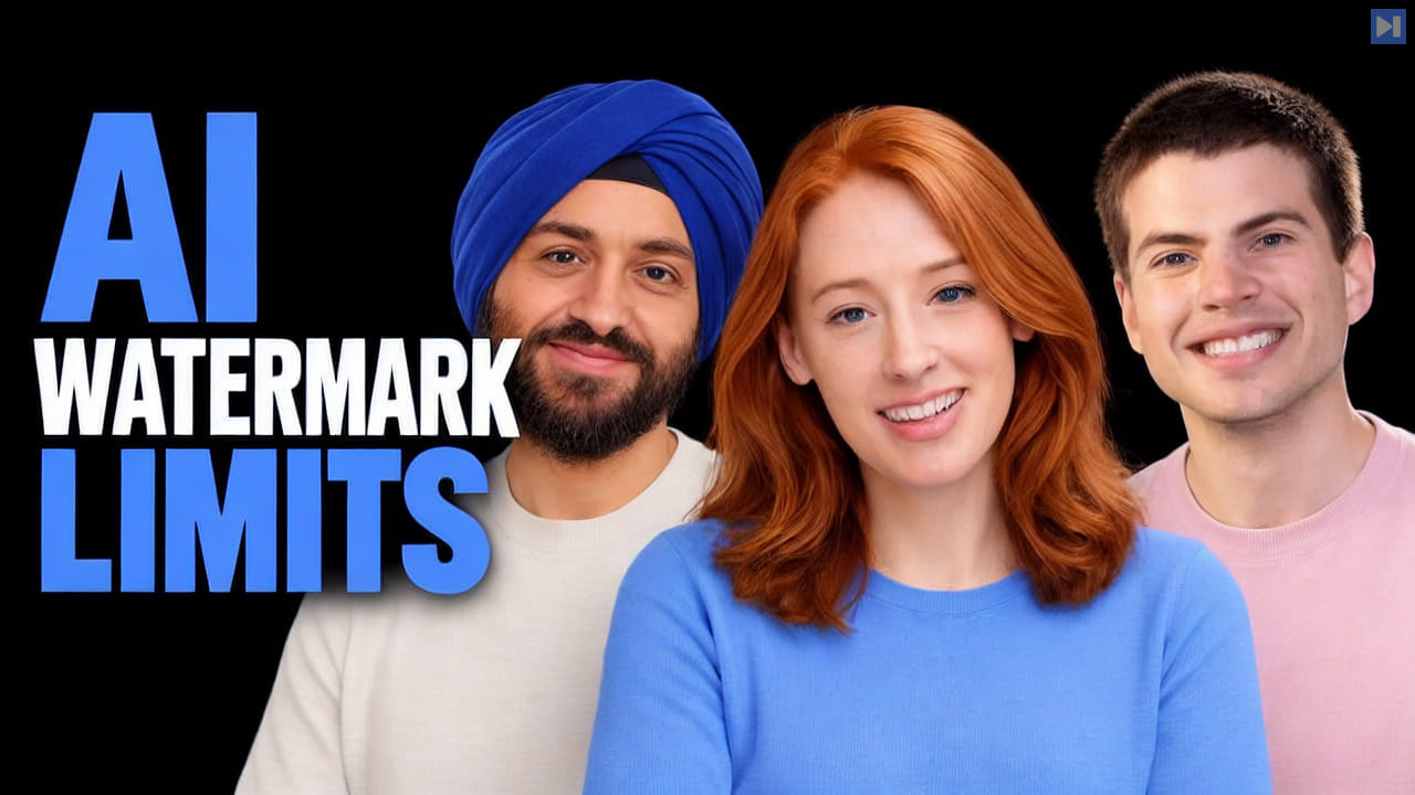 Hannah Fry, Pushmeet Kohli, Jeremy Ratcliff beside the blue and white headline AI WATERMARK LIMITS on a black background.